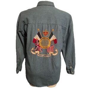 VTG 90s Y2K Limited Embroidered Denim Shirt L International Style Crest Logo